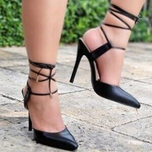 Women's Black‎ Pointy Toe Lace Up High Heels Pumps